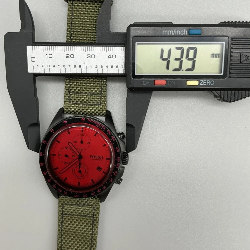 Fossil Mens Watch 44mm Red Dial Green Canvas Leather Chronograph CH3064 New Batt